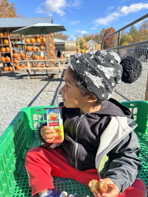 A toddler in a knit hat sipping a juice box in a wagon at a pumpkin patch